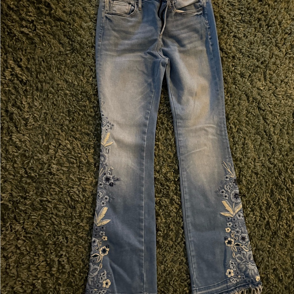 DRIFTWOOD Blue Flare Jeans with Floral Embroidery